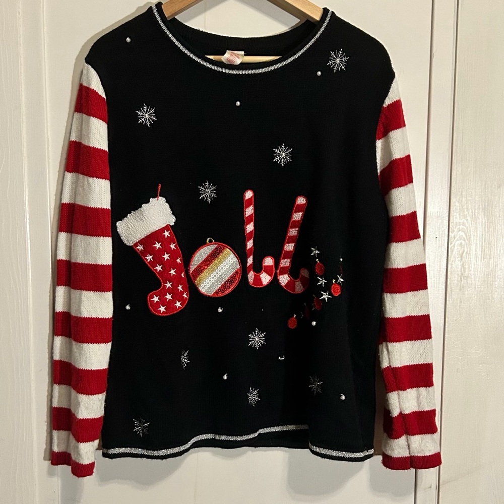 Holiday Time Festive Women’s Ugly Xmas Sweater JOLLY Candy Cane Christmas